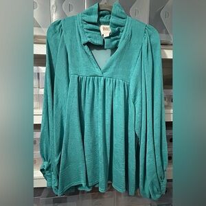 Emily McCarthy Teal V-Neck Peasant Blouse - Women Tops